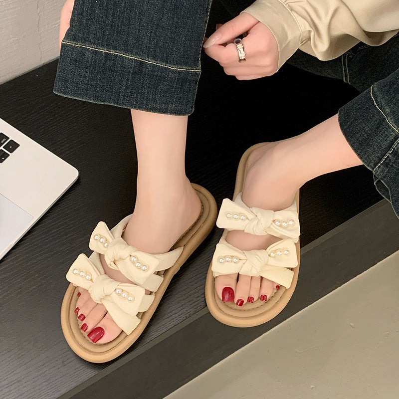 Dame Elegante Perle-udsmykkede Slide Sandaler Stilla