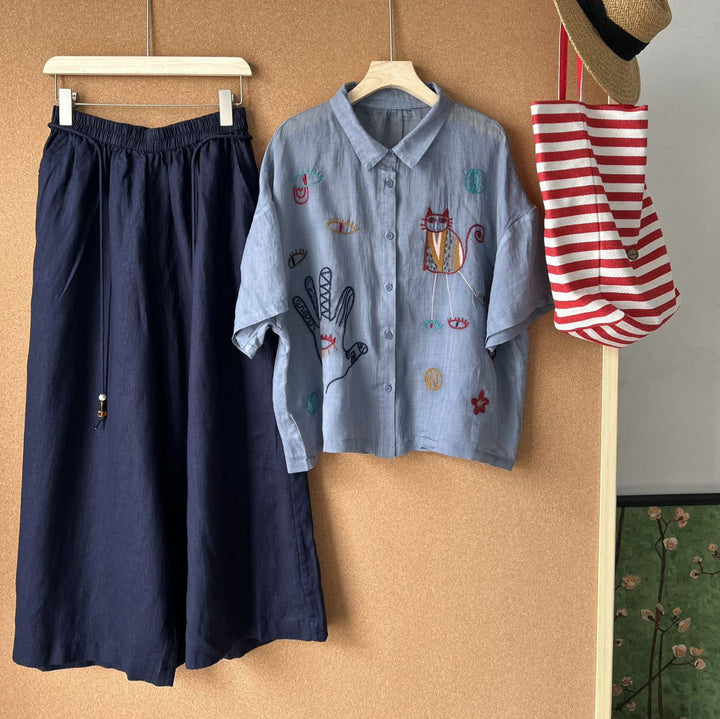 Femme Broderet Kort Button-Up Skjorte og Højtaljet Maxi Nederdel Sæt Stilla