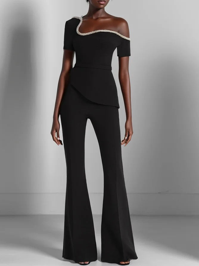 Dame off-shoulder top med raffineret flæse og elegant bukse-sæt Stilla