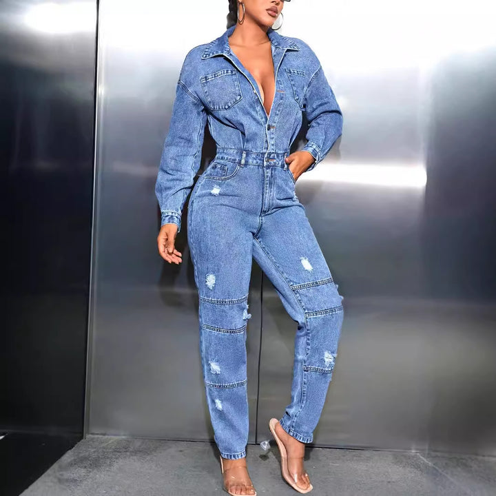 Dame denim overalls med tætsiddende pasform og trendy ødelagte detaljer Stilla