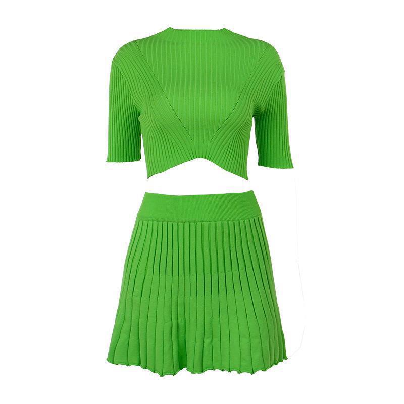 Dame ribbet strik-to-del crop top og nederdel sæt Stilla