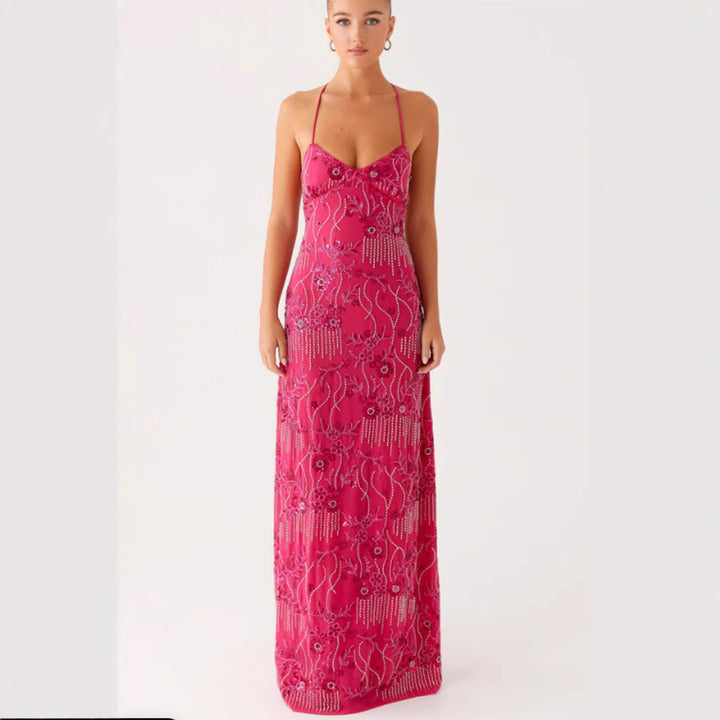 Ladies Elegant Maxi Dress with Alluring V-Neck and Sparkling Applications