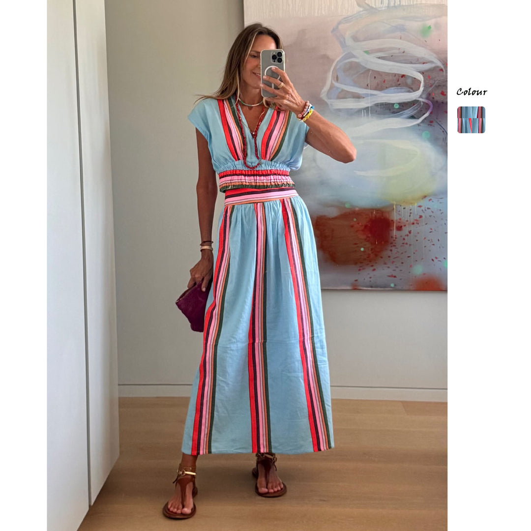 Ladies Beach Maxi Dress with Elastic Waistband and Colorful Striped Pattern Skovae