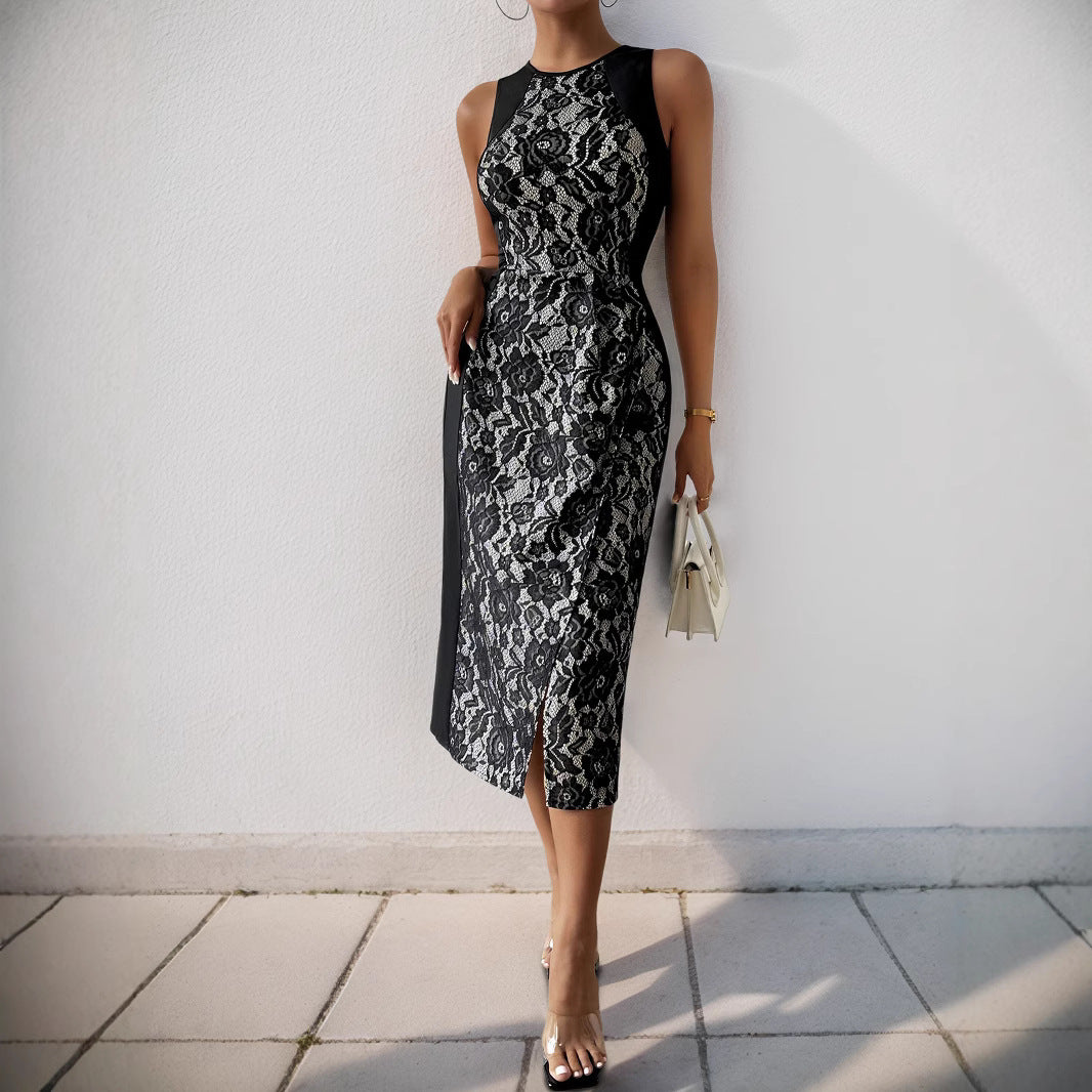Femme Elegante Spids-Detail Midi Kjole med side Slids Stilla