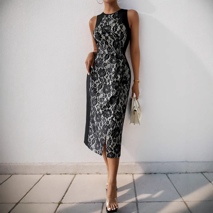 Femme Elegante Spids-Detail Midi Kjole med side Slids Stilla