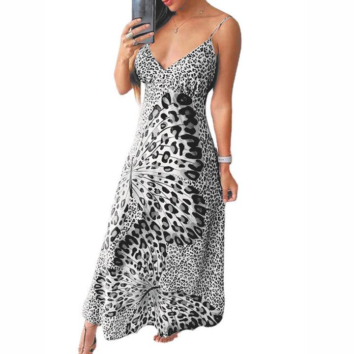 Stilla | Leopard-print-sommerfugl-mønster-v-udskæring-ærmeløs-basis-kjole