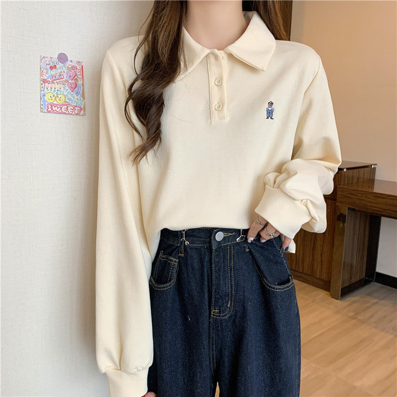 Dame Cropped Langærmet Polo-Top med unik broderi Stilla