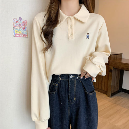 Dame Cropped Langærmet Polo-Top med unik broderi Stilla
