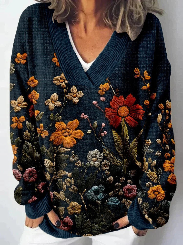 Kvinders V-hals sweater med blomsterdesign og afslappet pasform Stilla