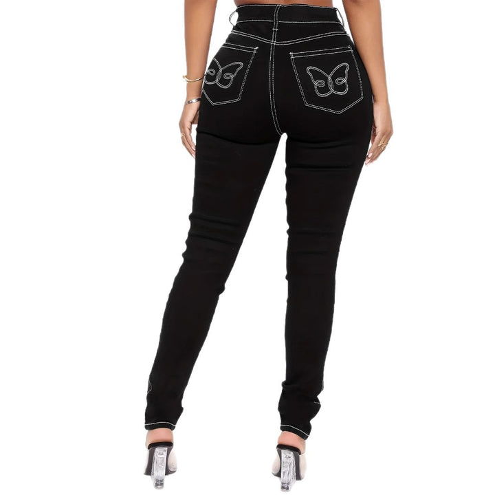 Dame Skinny Jeans med detaljeglad sommerfugledesign Stilla