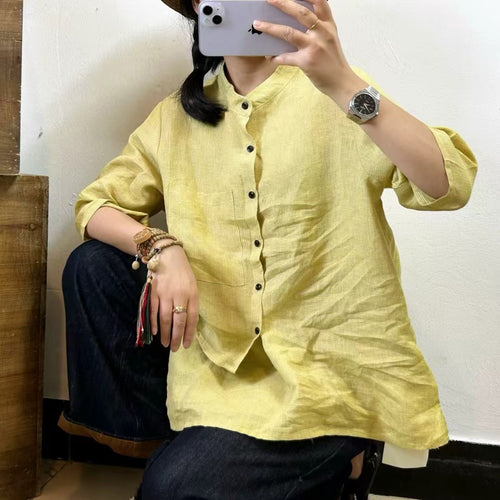 Femme Casual Størrelser Knap-Ned Linned Bluse Stilla