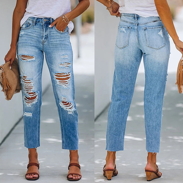 Dame Relaxed Fit Jeans med kreative Destroyed-detaljer og høj talje Stilla