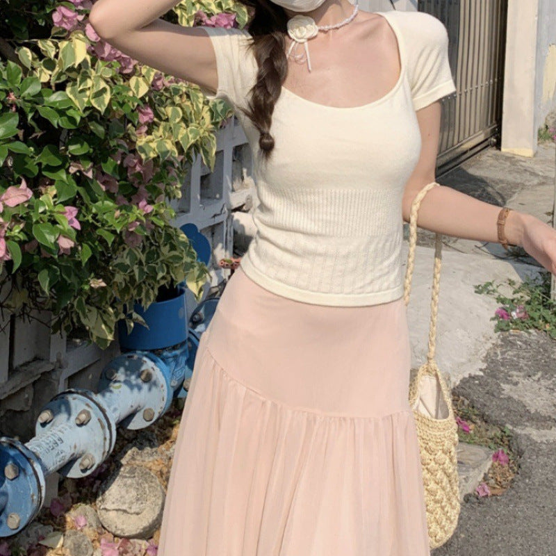 Femme Ribbet Kort Ærme Crop Top Stilla