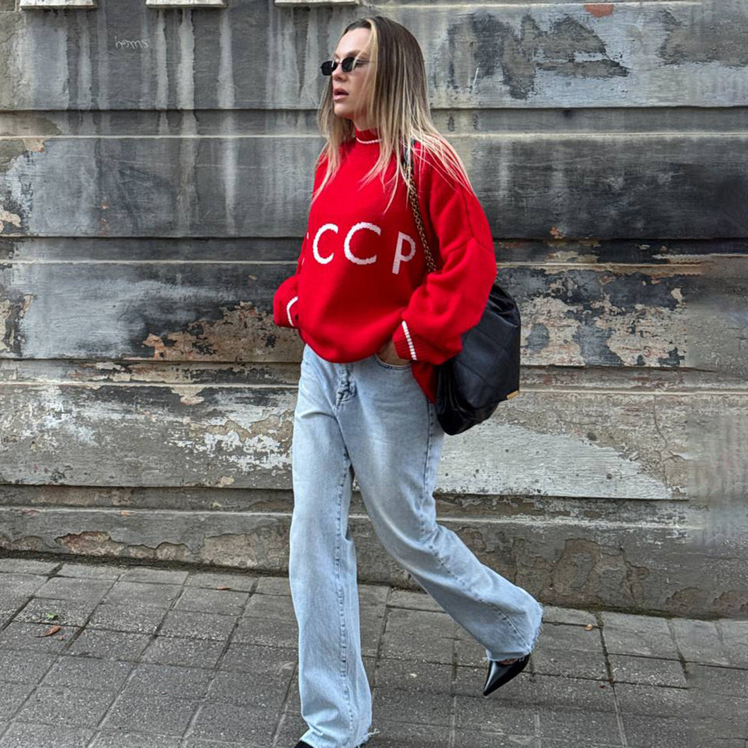 Kvinders løse strikket sweater med retro print Stilla