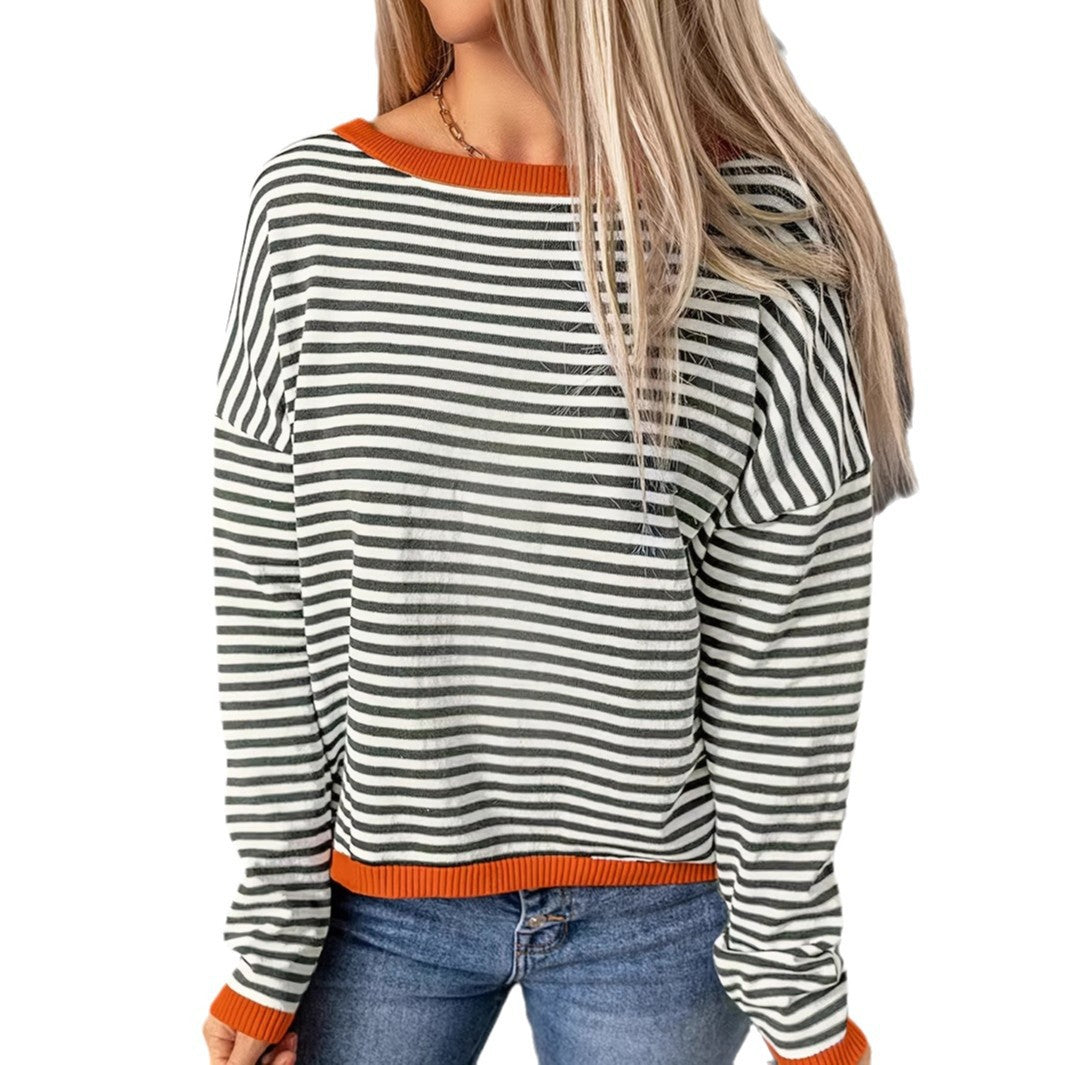 Dame stribet strikpullover med kontrasterende kant Stilla