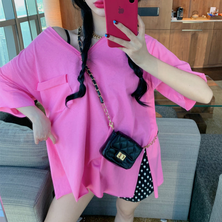 Dame Oversized V-Hals Top med Lomme-detaljer Stilla