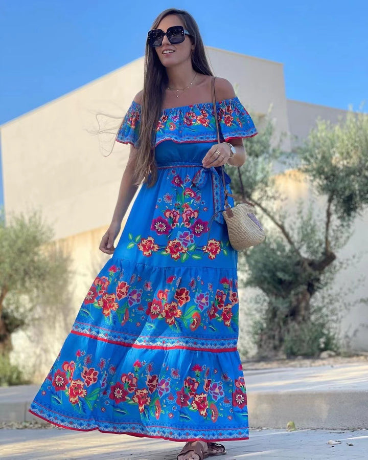 Dame Off-Shoulder Maxikjole med blomster mønstre og elastisk taljebælte Stilla