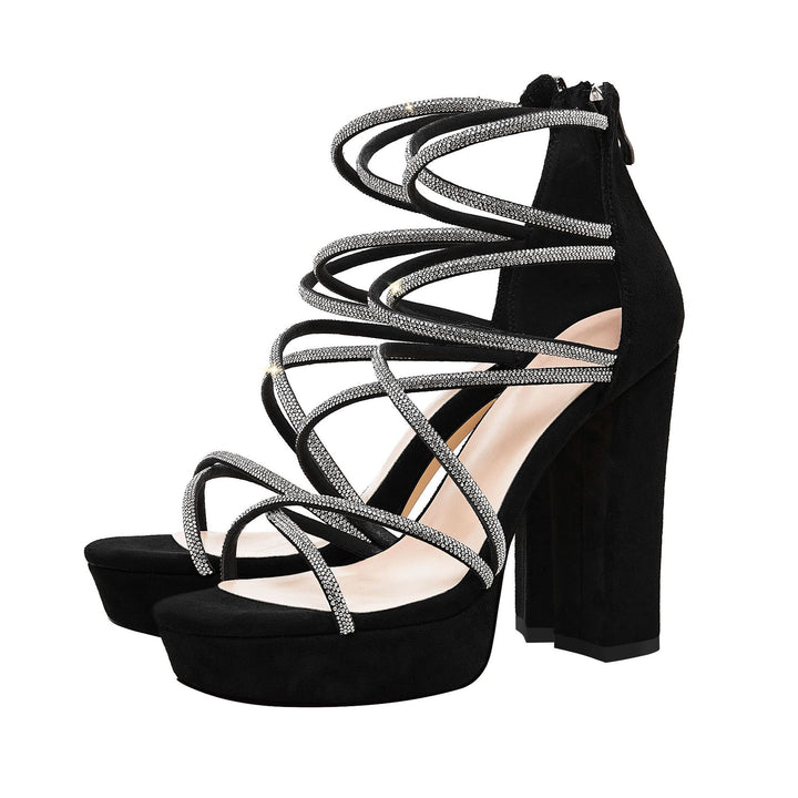 Femme Strappy Block-Hæle Sandaler med dekorative Glimmeraccenter Stilla