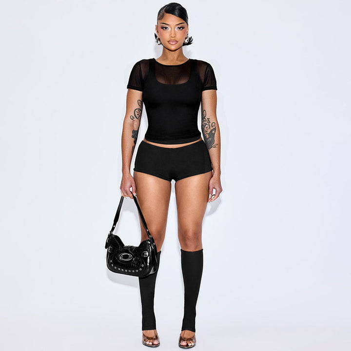 Damen Sportliches Oberteil und Shorts-Set mit transparenten Ärmeln Skovae