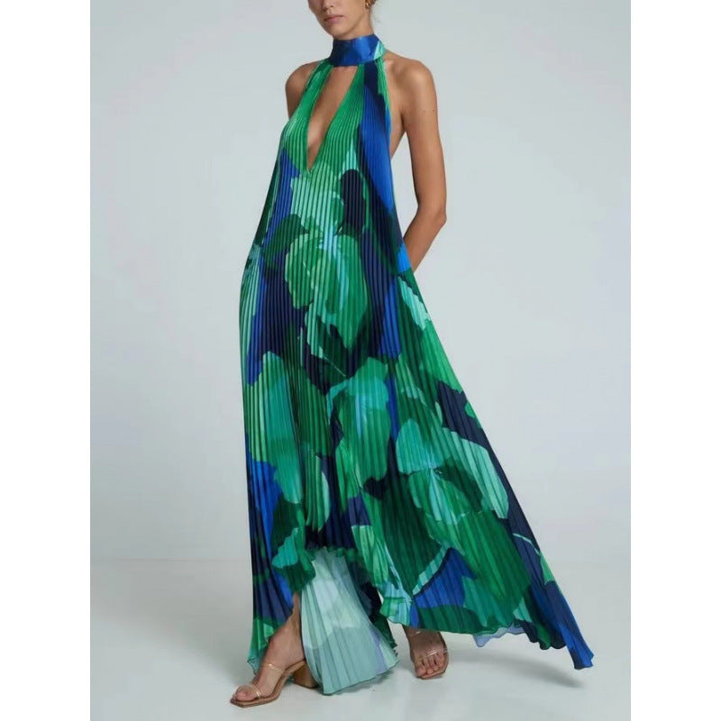 Dame Plissé Halter Maxikjole med Blomsterdesign Stilla