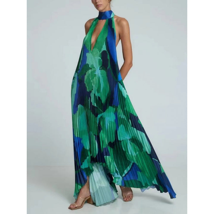 Dame Plissé Halter Maxikjole med Blomsterdesign Stilla