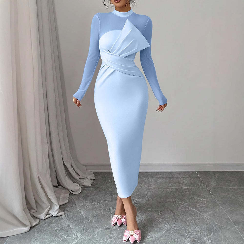 Dame Elegant Langærmet Midi-Kjole med raffineret drapering og figursyet silhuet Skovae
