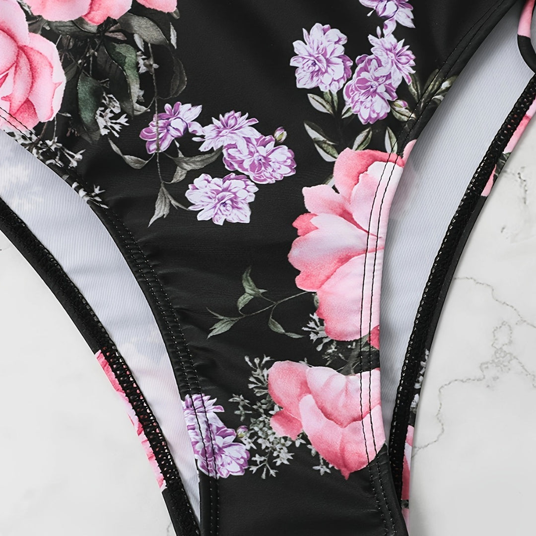 Dame triangel-bikini med blomstermotiv og elegante bindebånd Stilla