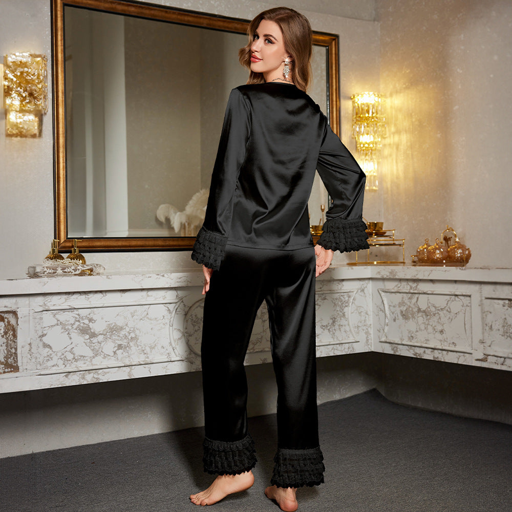 Dame Satin Pyjamas Sæt med dekorative Rynke detaljer Stilla