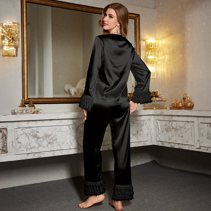 Dame Satin Pyjamas Sæt med dekorative Rynke detaljer Stilla