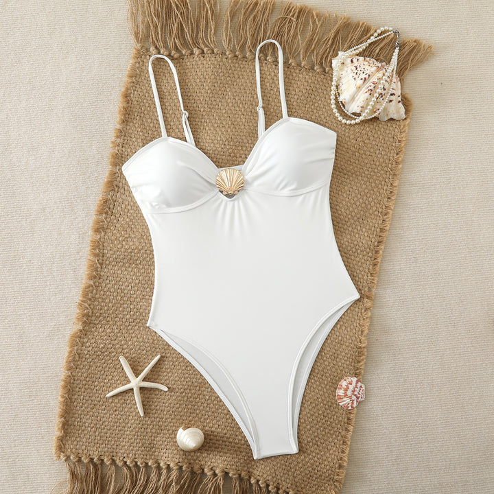 Dame one-piece badedragt med elegant musling-detail og justerbare stropper Skovae