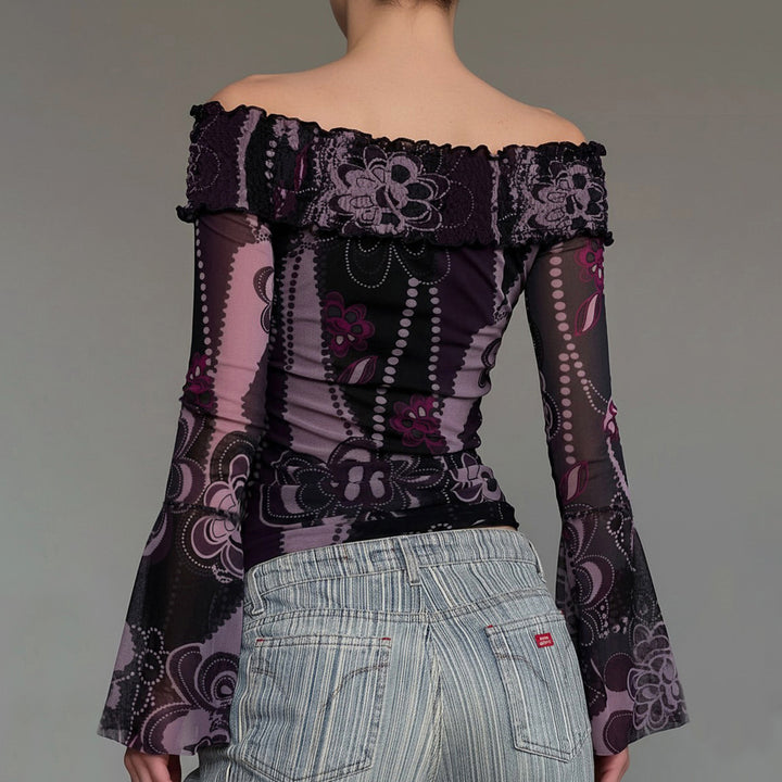 Dame Off-Shoulder top med voluminøse ærmer og blomstermønster Skovae