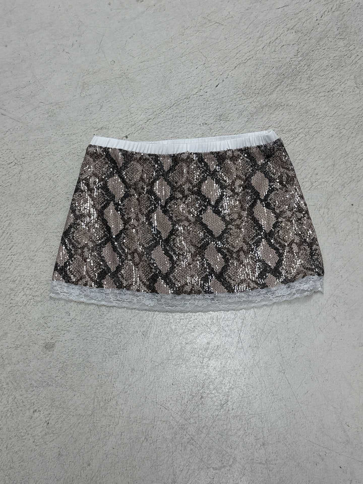 Dame Glitrende Mini skirt med Slange mønster og Blonde kant Skovae