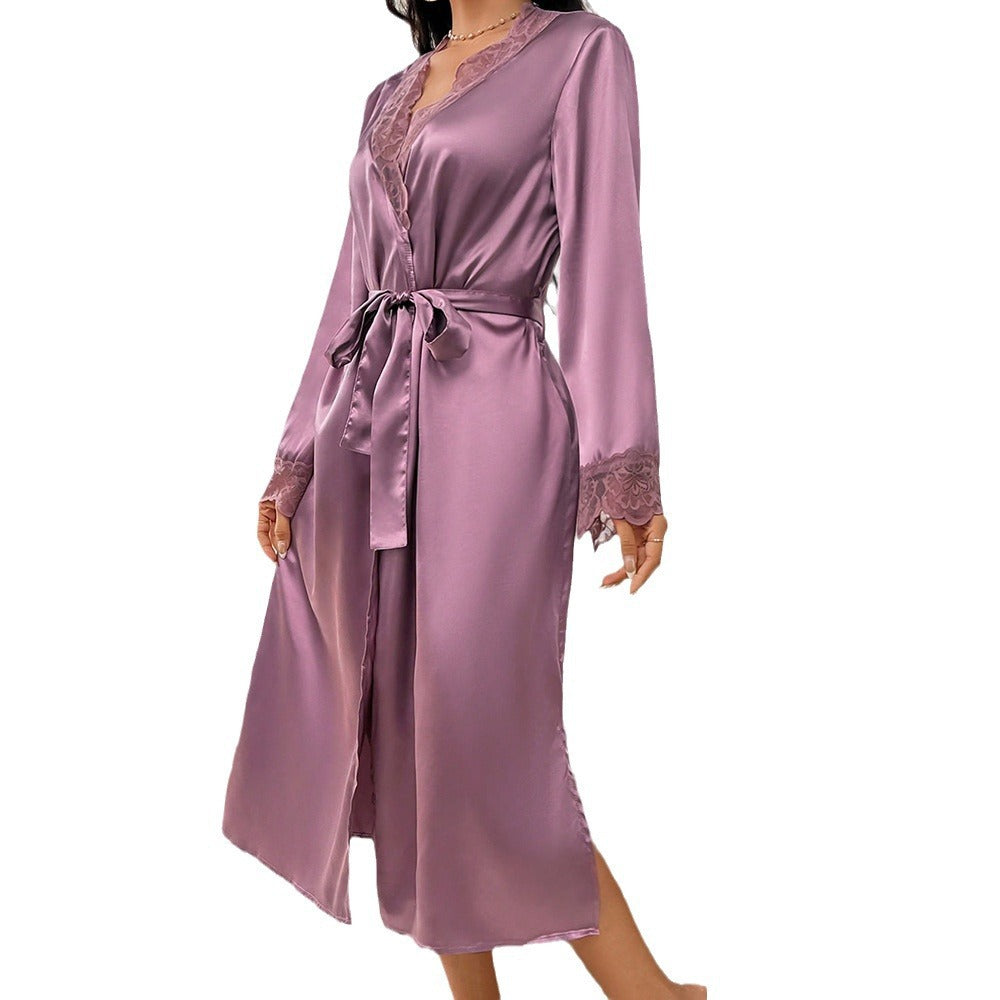 Dame elegant satin morgenkåbe med spids Stilla