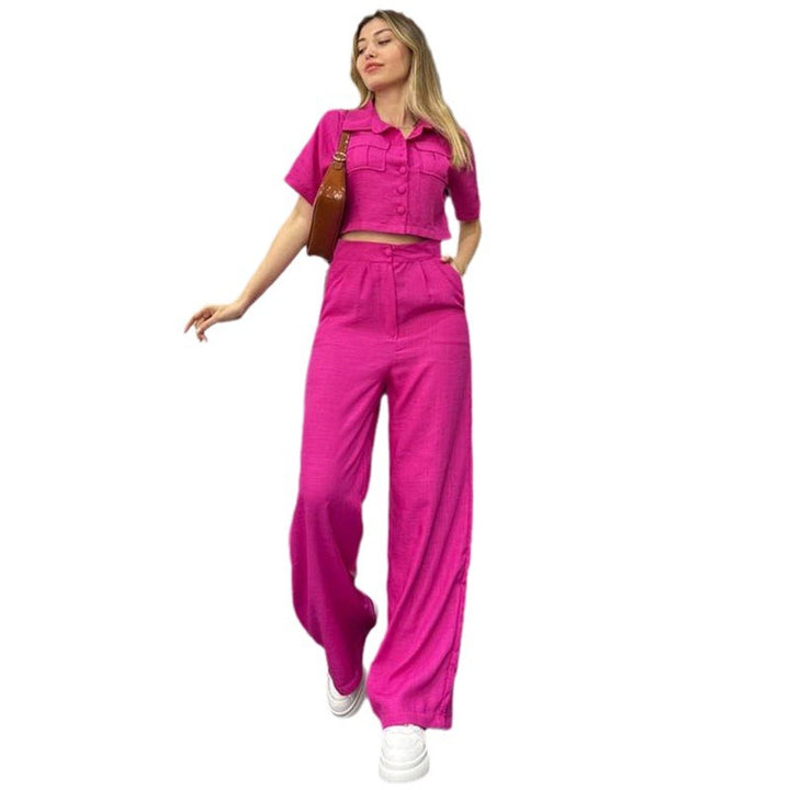 Dame Mode To-delt Sæt med cropped Bluse og vide Bukser Stilla