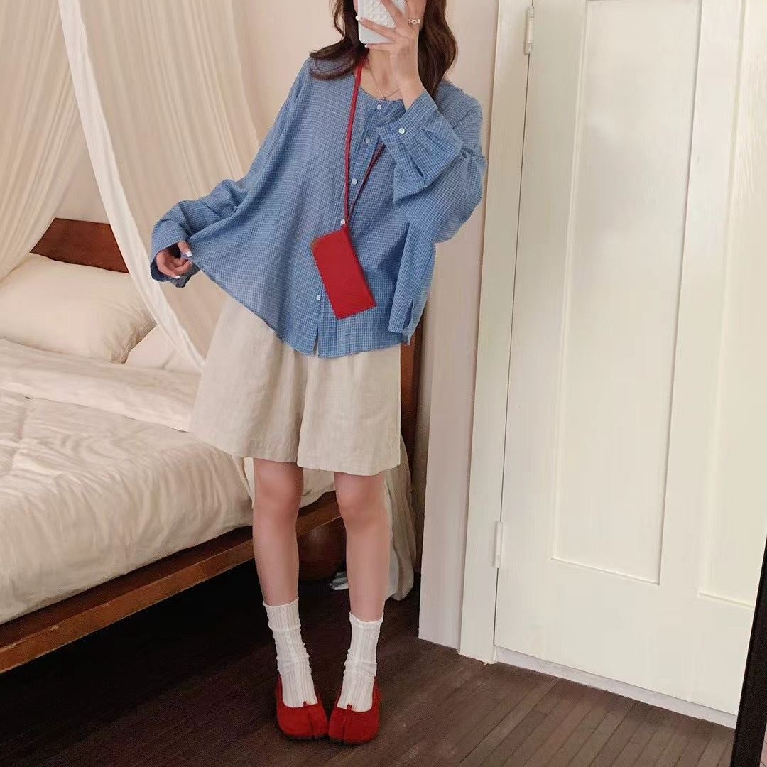 Damer Oversized Button-Up Karo-Bluse med unik kant Stilla