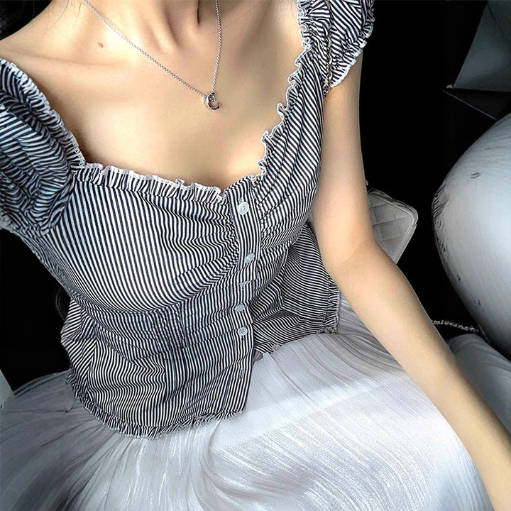 Dame Off-Shoulder Bluse med fine flæsedetaljer og stribet mønster Skovae