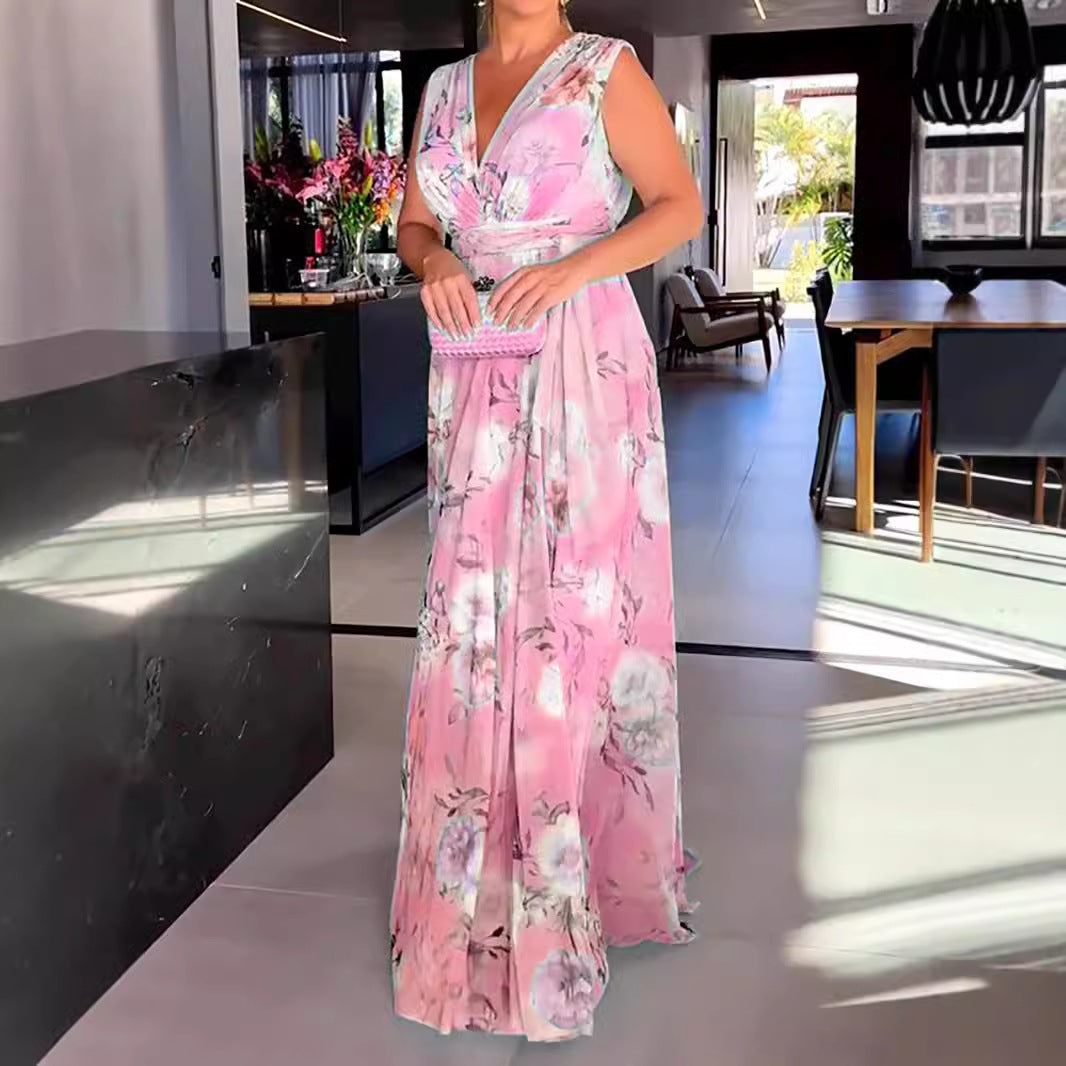 Dame Maxikjole i let chiffon med blomster mønstre og stilfuld V-udskæring Stilla