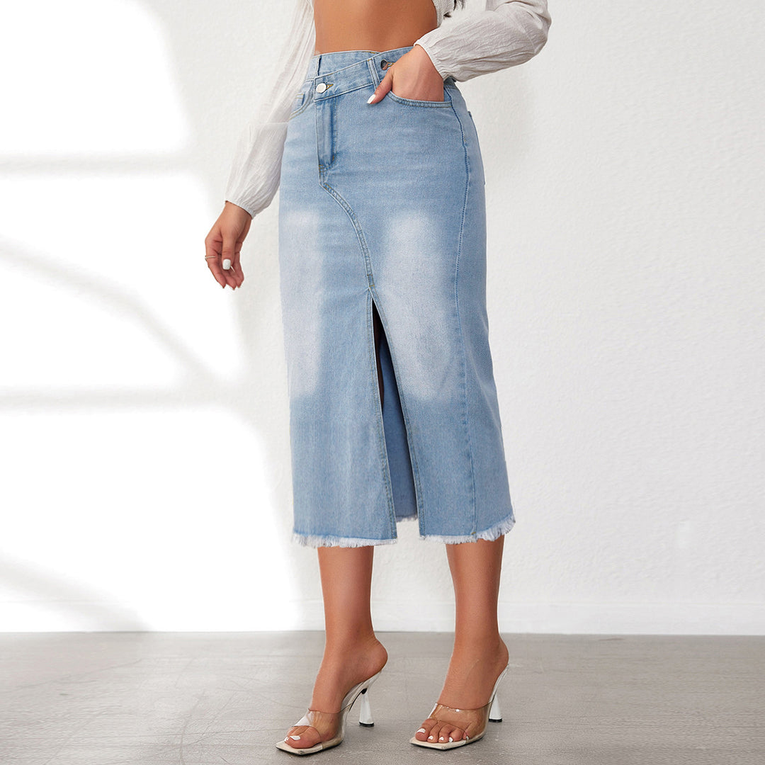 Dame denim-midi-nederdel med asymmetrisk slidse og frynset kant Stilla