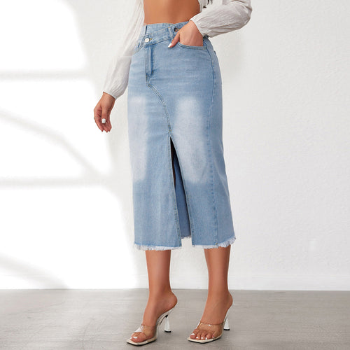 Dame denim-midi-nederdel med asymmetrisk slidse og frynset kant Stilla