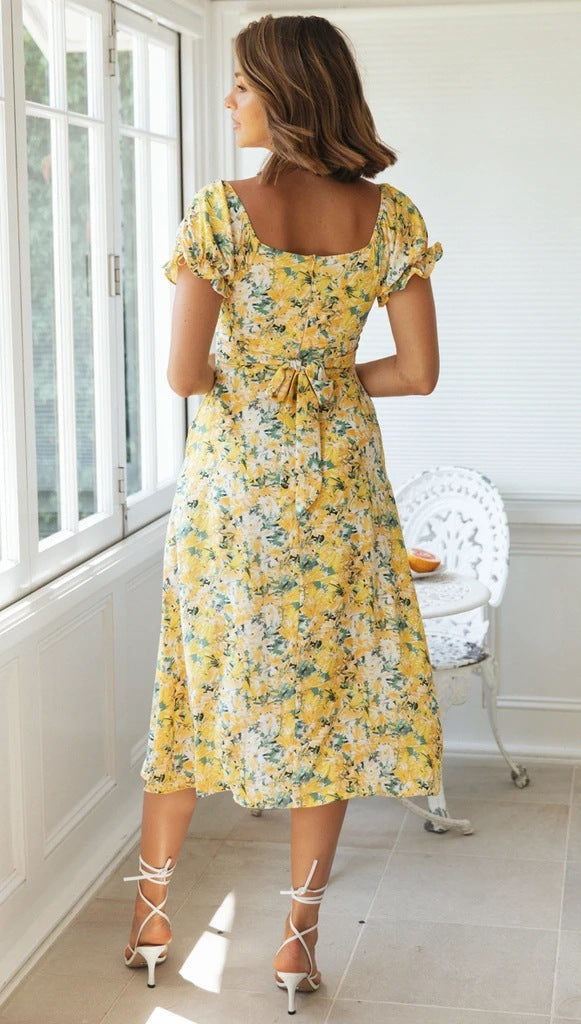 Femme Blomster Off-Shoulder Midi Kjole med Slidsdetalje Stilla