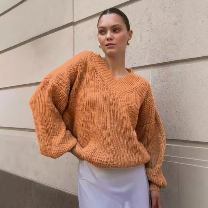 Damer afslappet sweater med v-hals og voluminøse ærmer Stilla