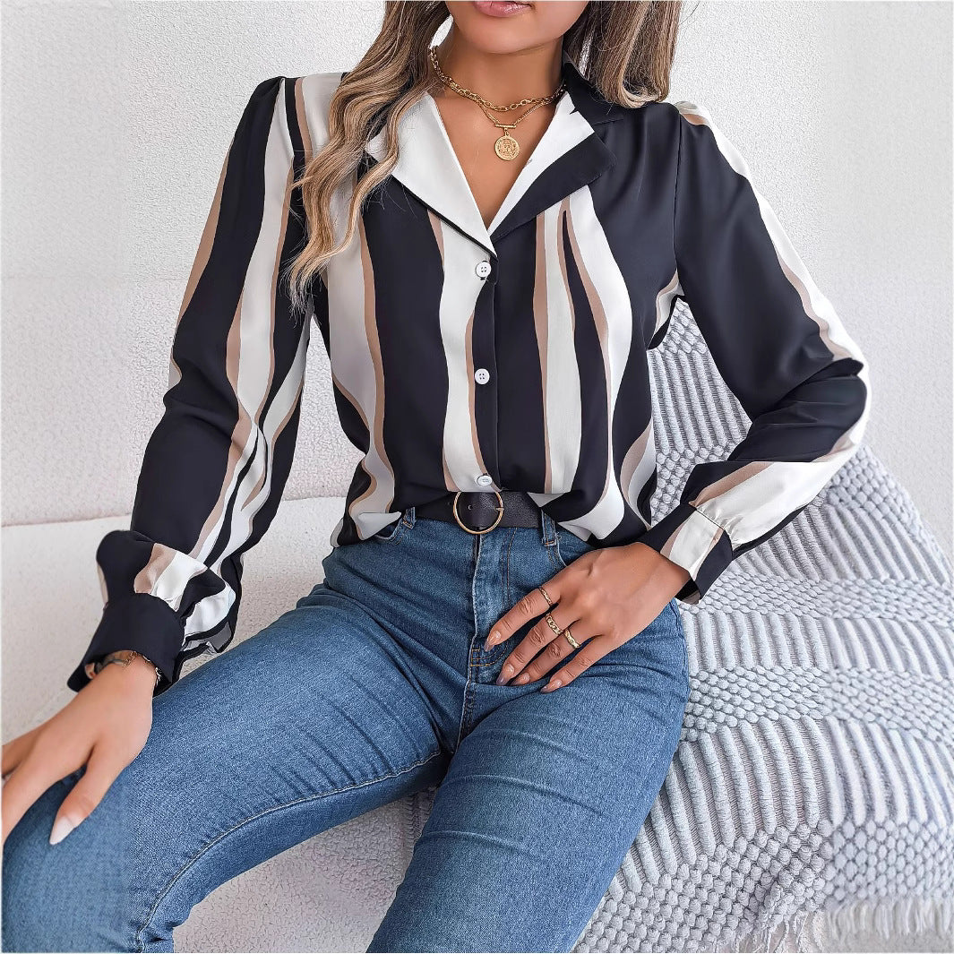Dame Elegant Langærmet Bluse med moderne Stribemønster Stilla