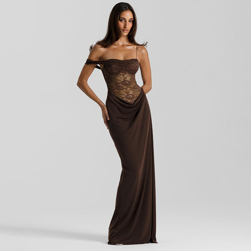 Dame Off-Shoulder Aftenkjole med raffinerede spids-applikationer og flydende materiale Skovae