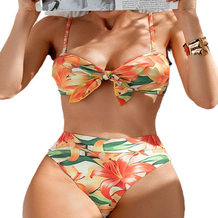 Dame bikini sæt med floral knude design og høj skæring Skovae