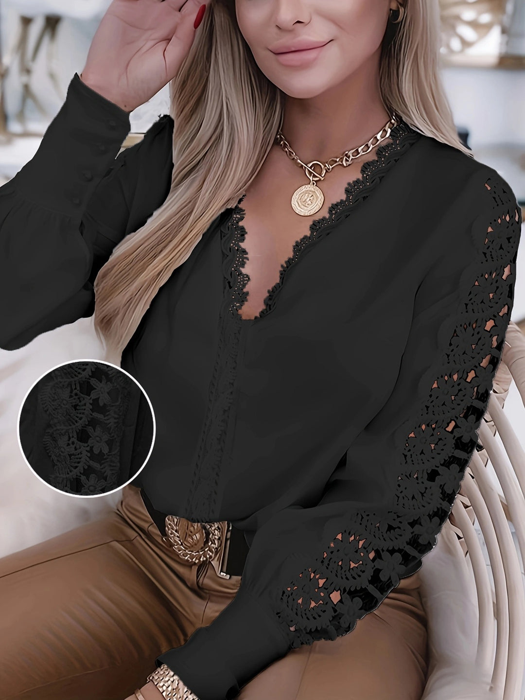 Dame elegant bluse med floralt spidseindsats og V-udskæring Stilla