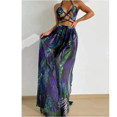 Dame Tropisk Print Maxi Kjole Sæt med Cut-Out Top Stilla