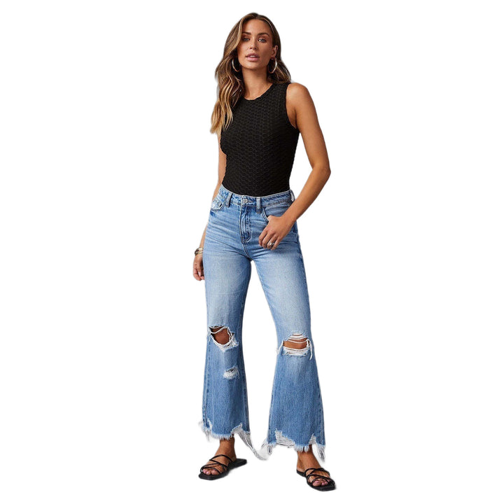 Dame flared jeans med stilfulde rifte detaljer og frynset kant Skovae