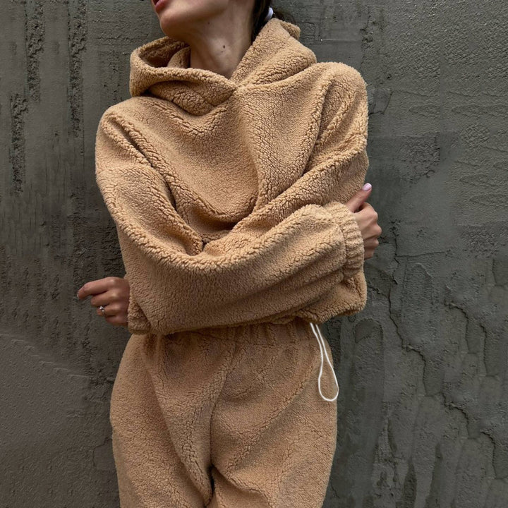 Kvinders fleece lounge wear sæt med elastisk talje og høj krave