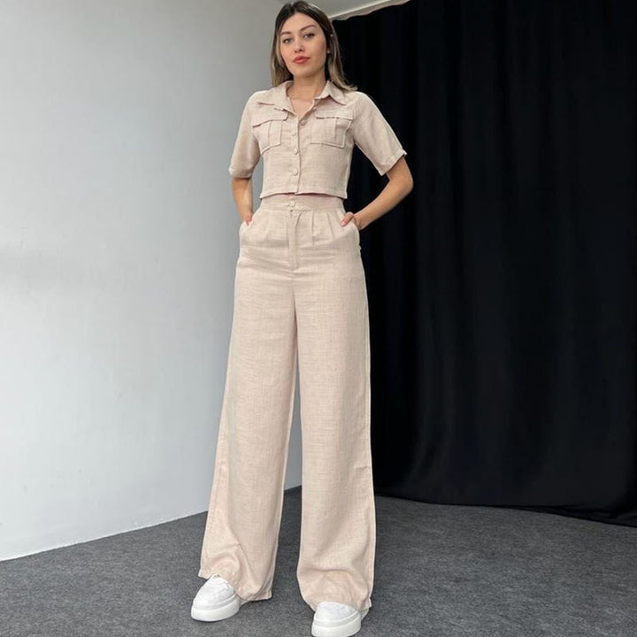Dame Mode To-delt Sæt med cropped Bluse og vide Bukser Stilla