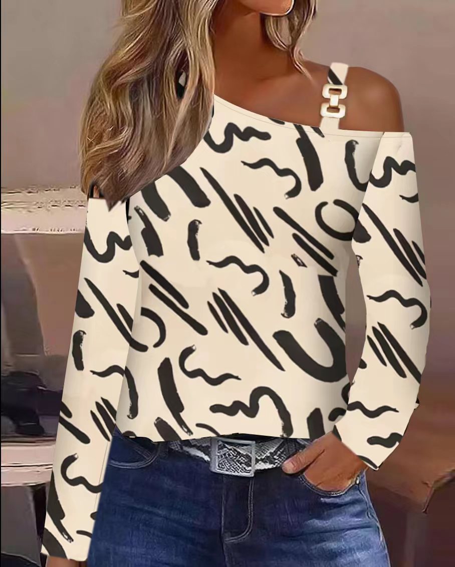 Dame Off-Shoulder Bluse med grafisk mønster og moderne bånddetaljer Stilla